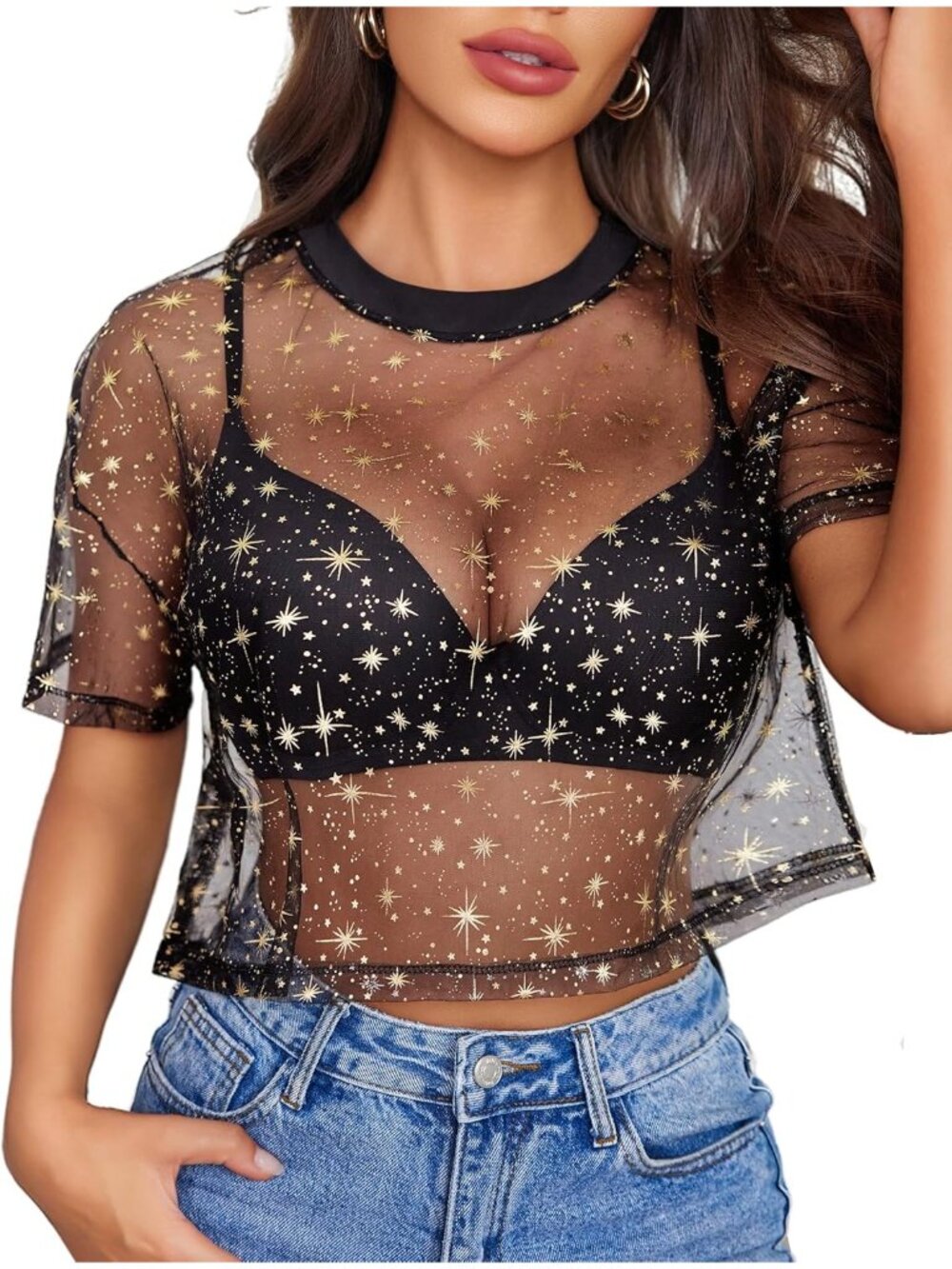 Women's Black Star Polyester Mesh Top Sheer Blouse Clubwear Short Sleeve Shirt